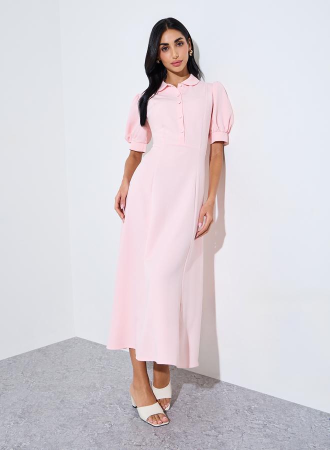 Styli Pink Solid Short Puff Sleeves Shirt Maxi Dress - Image 1