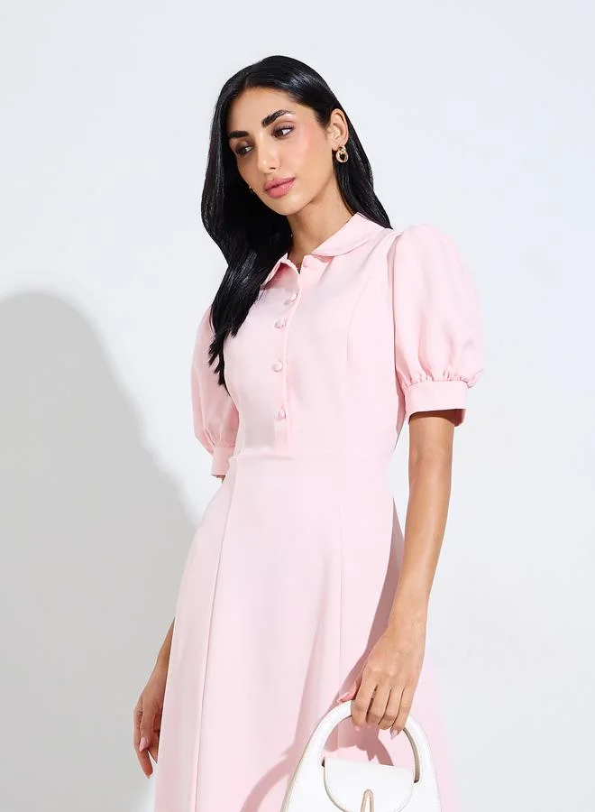 Styli  Pink Solid Short Puff Sleeves Shirt Maxi Dress for Women | Best Price UAE