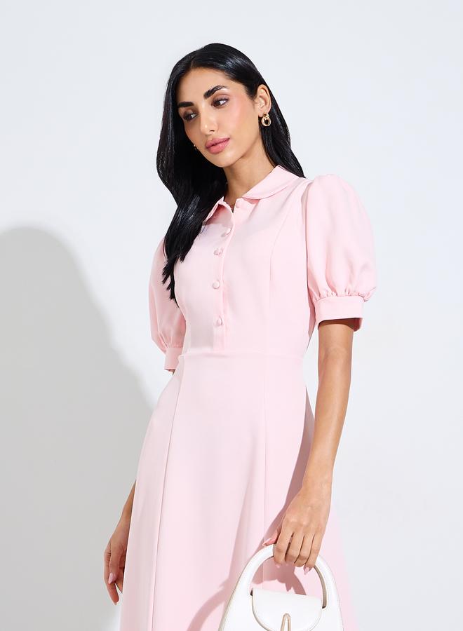 Styli Pink Solid Short Puff Sleeves Shirt Maxi Dress - Image 4