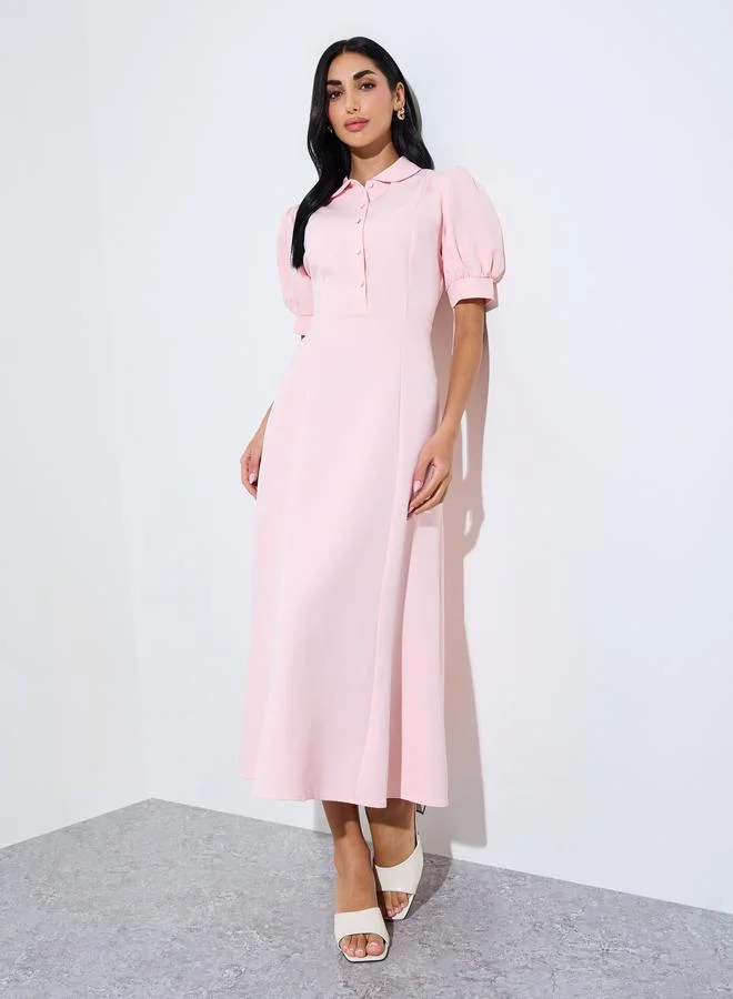 Styli  Pink Solid Short Puff Sleeves Shirt Maxi Dress for Women | Best Price UAE