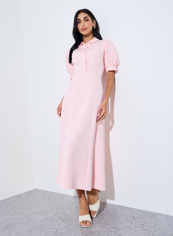 Styli Pink Solid Short Puff Sleeves Shirt Maxi Dress - Image 2