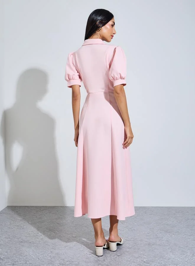 Styli  Pink Solid Short Puff Sleeves Shirt Maxi Dress for Women | Best Price UAE