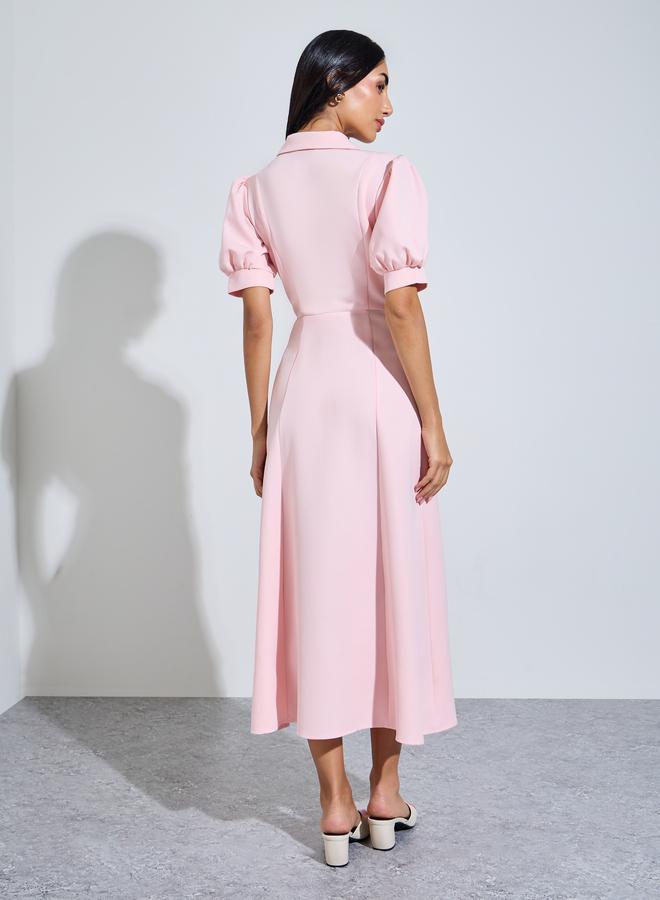 Styli Pink Solid Short Puff Sleeves Shirt Maxi Dress - Image 3