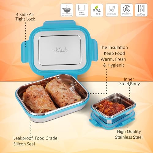 inKitch Leak Proof Airtight Stainless Steel Lunch Box for Kids, 540ML + 90ML Snack Box Set, Steel Tiffin Box for School, Office & Picnic, Food Grade Durable Easy Carry Lunch Container - Image 3
