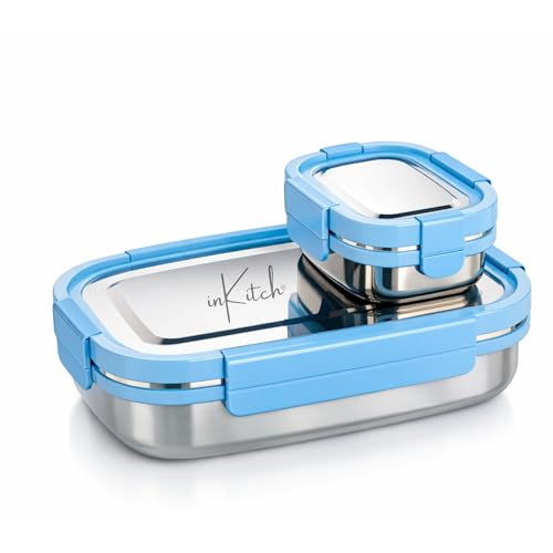 inKitch Leak Proof Airtight Stainless Steel Lunch Box for Kids, 540ML + 90ML Snack Box Set, Steel Tiffin Box for School, Office & Picnic, Food Grade Durable Easy Carry Lunch Container - Image 1