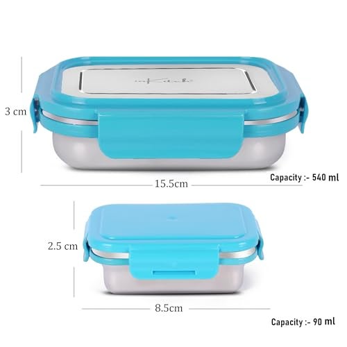 inKitch Leak Proof Airtight Stainless Steel Lunch Box for Kids, 540ML + 90ML Snack Box Set, Steel Tiffin Box for School, Office & Picnic, Food Grade Durable Easy Carry Lunch Container - Image 2