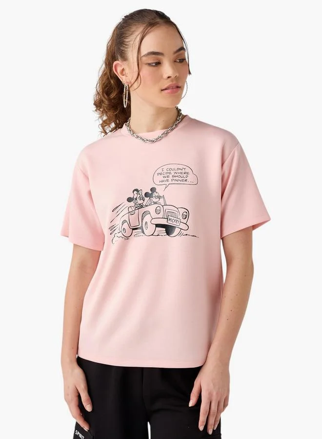Mickey and Minnie Mouse Print T-shirt with Short Sleeves and Crew Neck