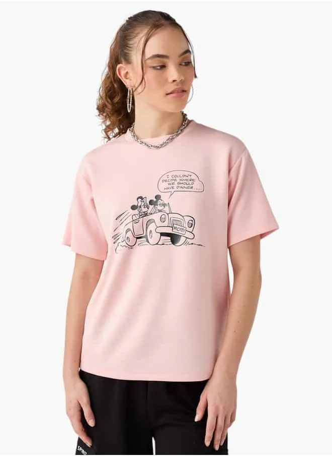 اس بي كاركترز Mickey and Minnie Mouse Print T-shirt with Short Sleeves and Crew Neck