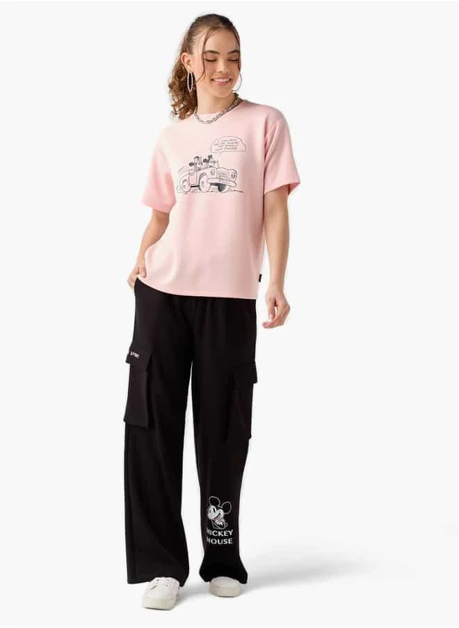 اس بي كاركترز Mickey and Minnie Mouse Print T-shirt with Short Sleeves and Crew Neck