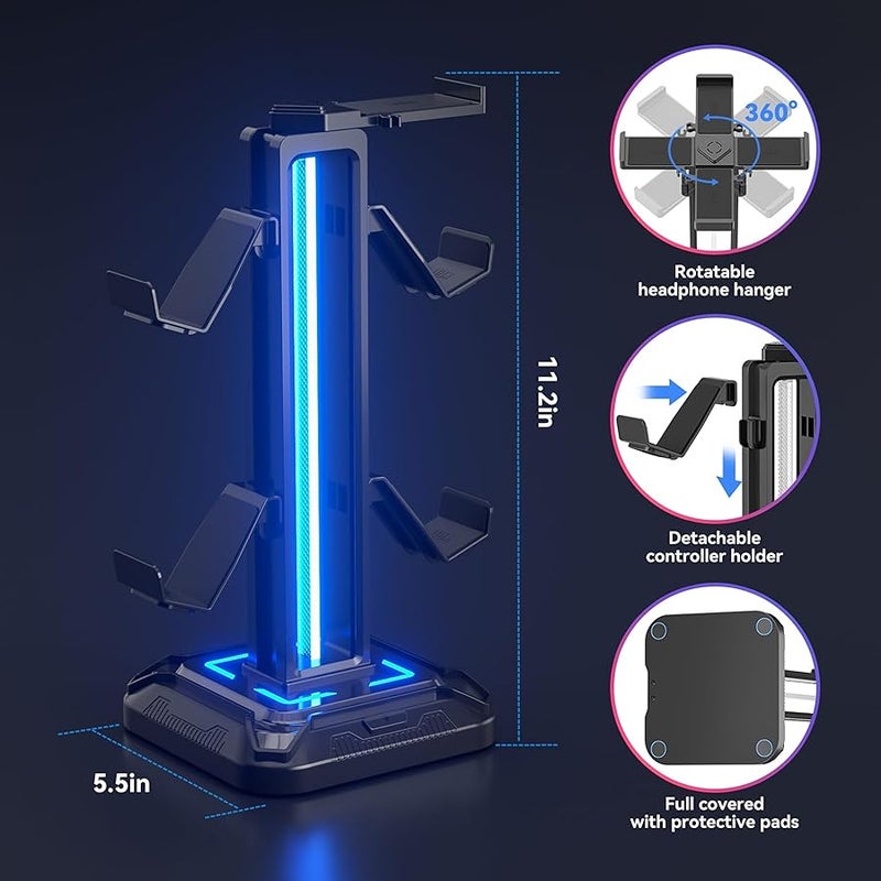 كي دي دي كيه دي دي حامل سماعة راس RGB مع 9 اوضاع اضاءة - حامل وحدة تحكم للمكتب - حامل سماعة راس قابل للدوران وخطاف تحكم قابل للفصل لاكسسوارات سماعات الاذن للكمبيوتر (اسود) - Image 4