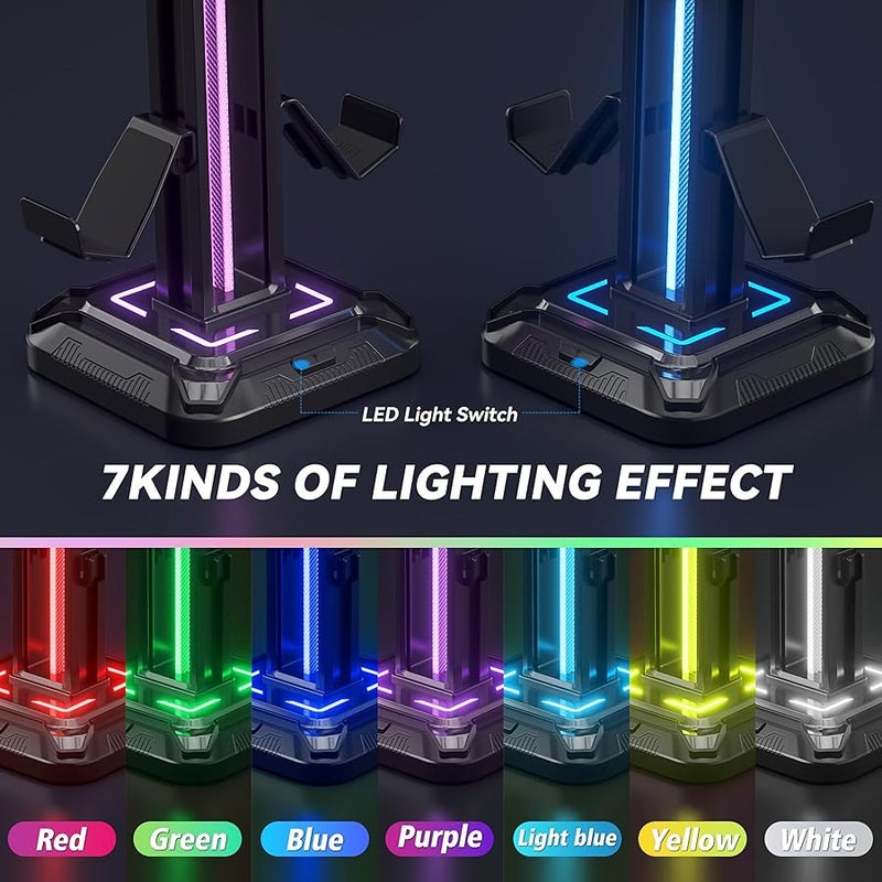 كي دي دي كيه دي دي حامل سماعة راس RGB مع 9 اوضاع اضاءة - حامل وحدة تحكم للمكتب - حامل سماعة راس قابل للدوران وخطاف تحكم قابل للفصل لاكسسوارات سماعات الاذن للكمبيوتر (اسود) - Image 3