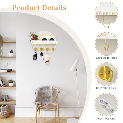 LEIRUOTM Key Holder for Wall, Key and Mail Holder Organizer - Key Holder Wall Mount with Bouquet Shelf and Key Hooks, Round Wooden Rustic Key Rack for Entryway and Home Decor (White) - Image 2