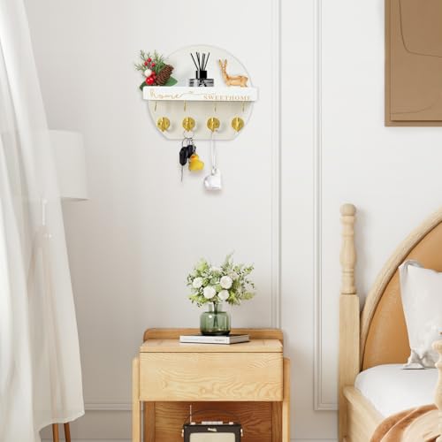 LEIRUOTM Key Holder for Wall, Key and Mail Holder Organizer - Key Holder Wall Mount with Bouquet Shelf and Key Hooks, Round Wooden Rustic Key Rack for Entryway and Home Decor (White) - Image 5