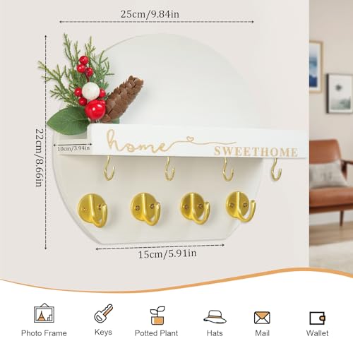 LEIRUOTM Key Holder for Wall, Key and Mail Holder Organizer - Key Holder Wall Mount with Bouquet Shelf and Key Hooks, Round Wooden Rustic Key Rack for Entryway and Home Decor (White) - Image 3