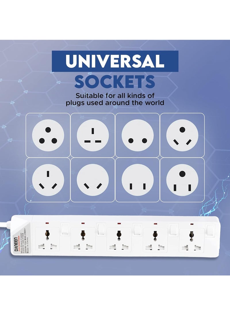 DANEEN 5 in 1 Universal Power Strips Extension Cord 5 Outlets with individual Switches, 10A Fused UK 3 PIN Plug, Surge Protector (5Meter, 3-Core) - White  - Image 3