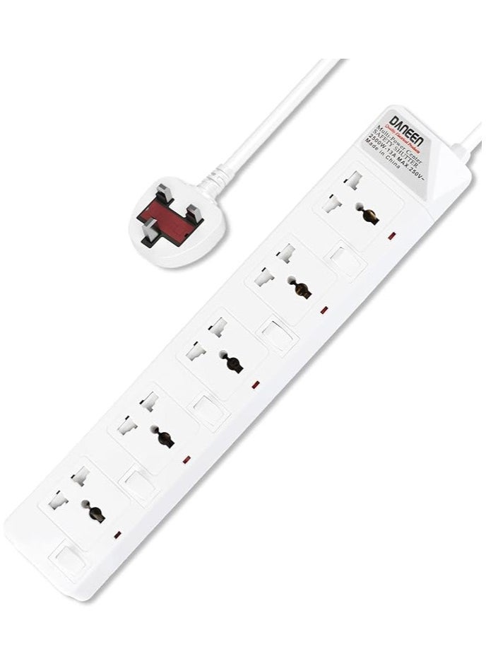 DANEEN 5 in 1 Universal Power Strips Extension Cord 5 Outlets with individual Switches, 10A Fused UK 3 PIN Plug, Surge Protector (5Meter, 3-Core) - White  - Image 2