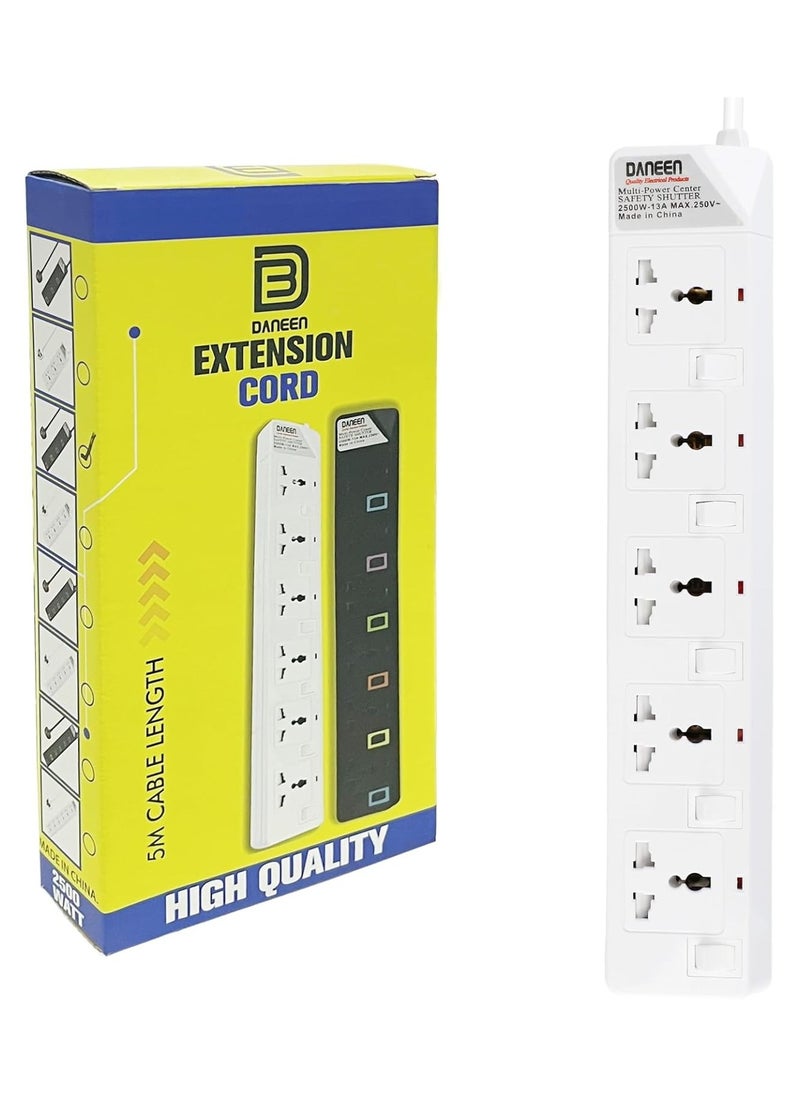 DANEEN 5 in 1 Universal Power Strips Extension Cord 5 Outlets with individual Switches, 10A Fused UK 3 PIN Plug, Surge Protector (5Meter, 3-Core) - White  - Image 4
