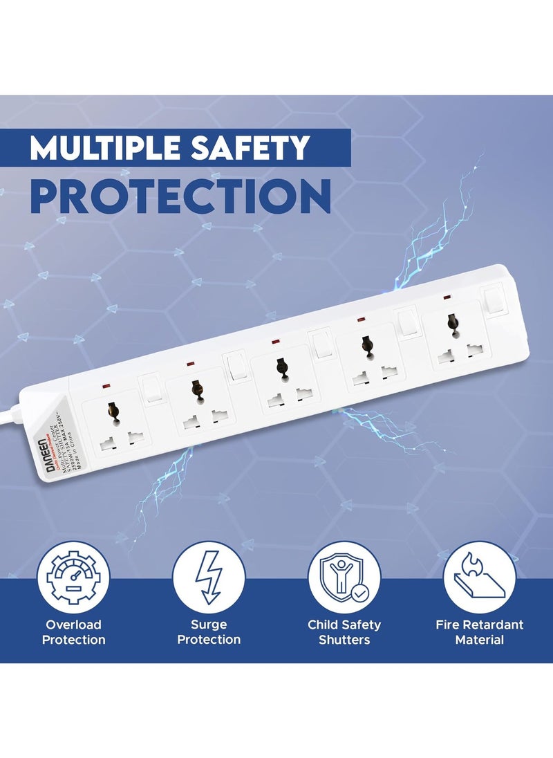 DANEEN 5 in 1 Universal Power Strips Extension Cord 5 Outlets with individual Switches, 10A Fused UK 3 PIN Plug, Surge Protector (5Meter, 3-Core) - White  - Image 5
