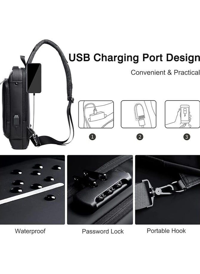 AUTOYSUR Crossbody Sling Bag, Body Chest Shoulder Bag for Men Women Casual Shoulder Backpack Bag, Waterproof Leather Chest Casual Daypack with USB Charging Port for Travel Hiking  - Image 3