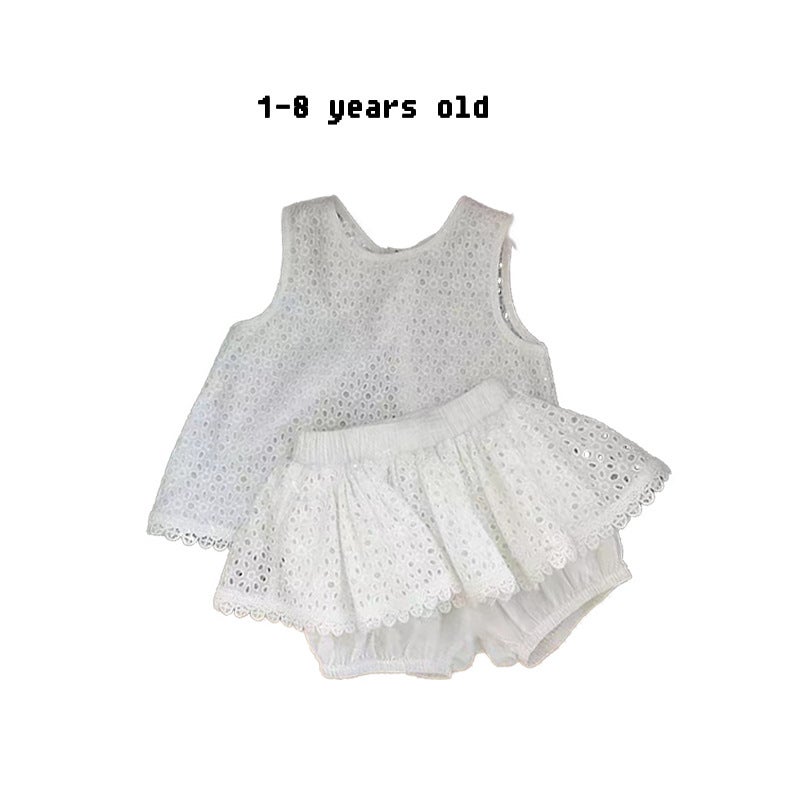 2023 baby girl summer suit lace sling Denim shorts two-piece childrens summer cool clothing KA hollow suit 