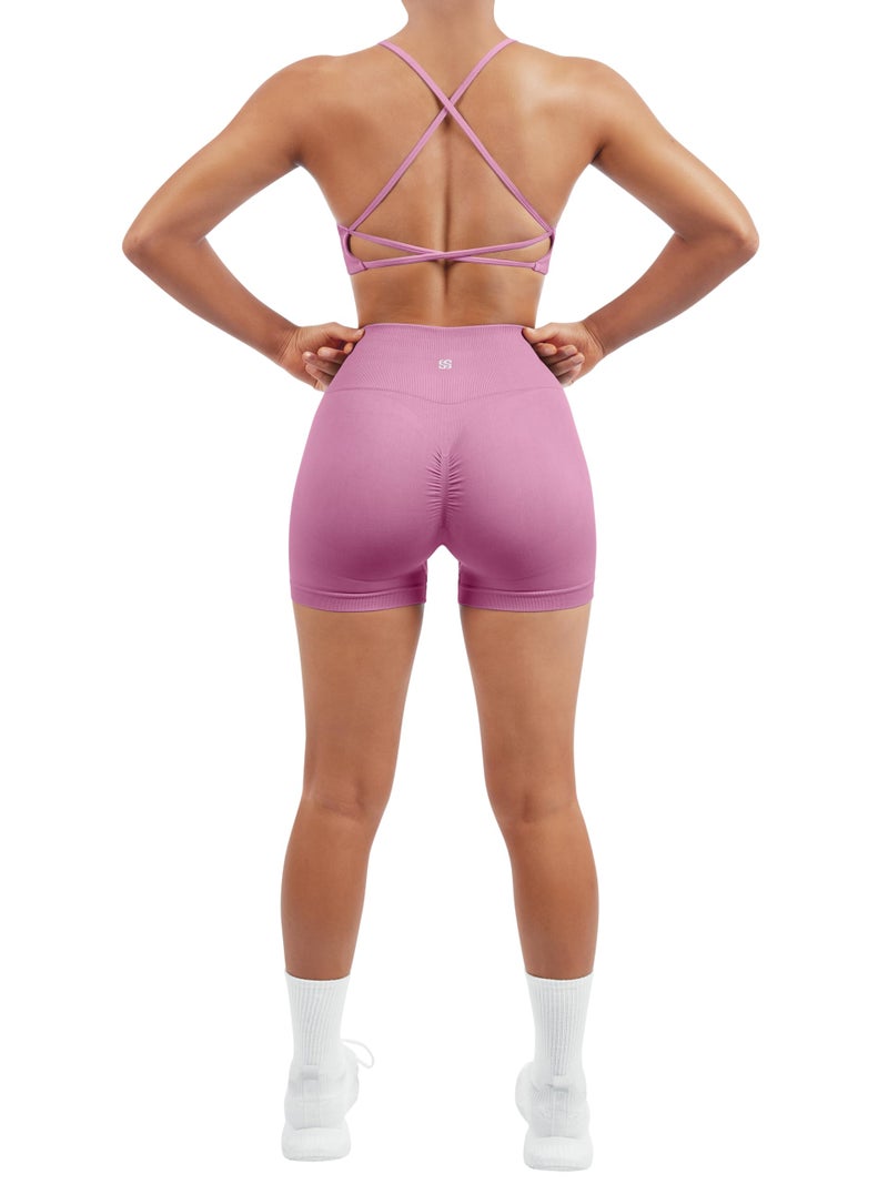 SUUKSESS Women Seamless 2 piece Workout Sets Strappy Padded Sports Bra Booty High Waisted Shorts Outfits (Light Pink,XS) - Image 2