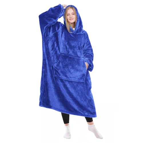 KPBLIS Wearable Blanket Hoodie Gifts for Women and Men Oversized Hooded Blankets Sweatshirt Adult Birthday Gifts for Mom Girlfriend Gifts Cozy Fleece Blanket with Sleeves and Giant Pocket Blue