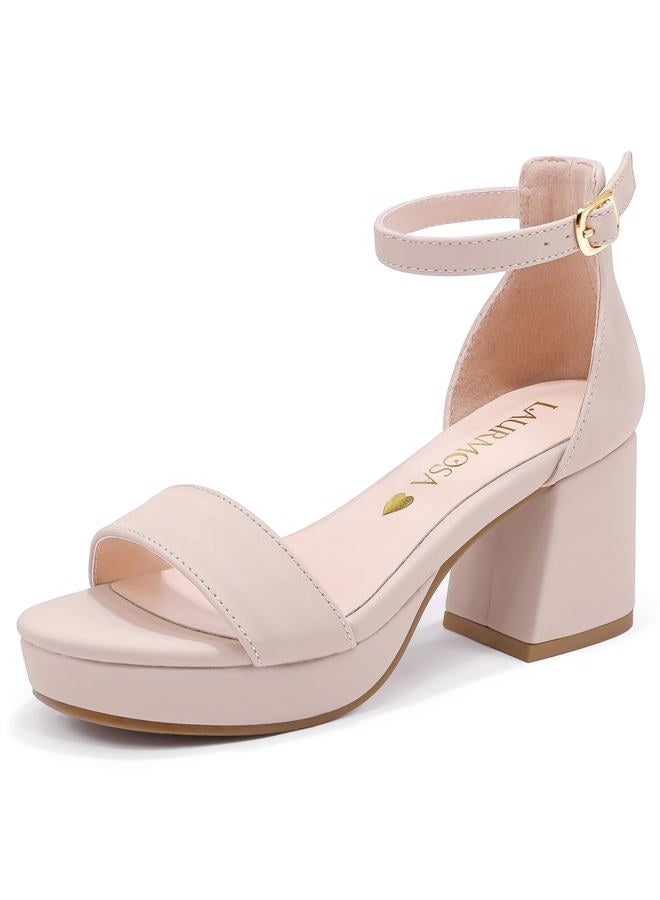 LAURMOSA High Heels for Kids Sandals Big Girls Dress Shoes Flower Girl Shoes for Wedding Party Pageant Round Open Toe Ankle Strap Dress Sandals Platform Heels Chunky Pumps for Little Big Kids, Nude - Image 1