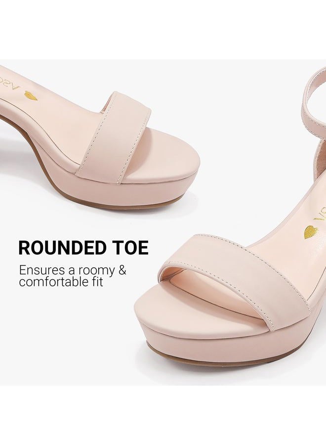 LAURMOSA High Heels for Kids Sandals Big Girls Dress Shoes Flower Girl Shoes for Wedding Party Pageant Round Open Toe Ankle Strap Dress Sandals Platform Heels Chunky Pumps for Little Big Kids, Nude - Image 4