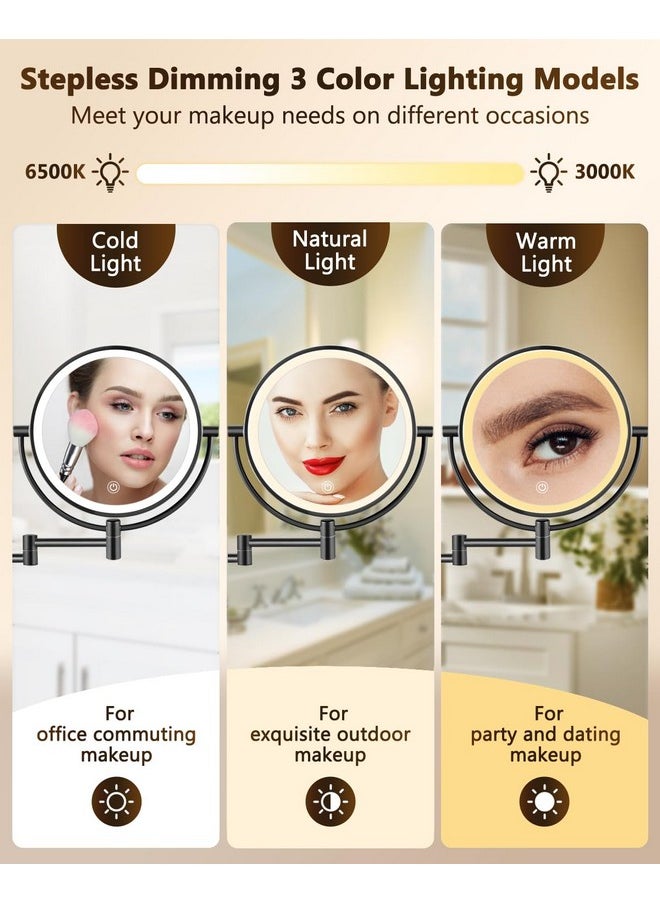 Alhakin - ALHAKIN 9" Wall Mounted Lighted Makeup Mirror, Large Double Sided 1X/10X Magnifying Mirror, 3 Color LED Vanity Mirror with Lights, Touch Dimmable 360° Swivel Light Up Mirror for Bathroom, Black - Image 1