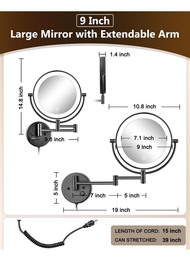 Alhakin - ALHAKIN 9" Wall Mounted Lighted Makeup Mirror, Large Double Sided 1X/10X Magnifying Mirror, 3 Color LED Vanity Mirror with Lights, Touch Dimmable 360° Swivel Light Up Mirror for Bathroom, Black - Image 1