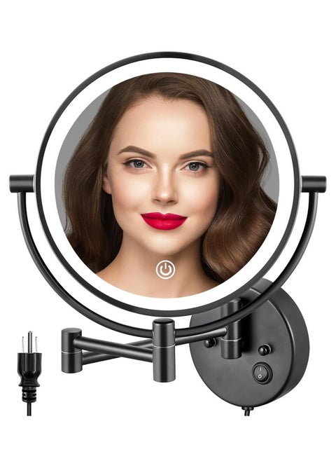 ALHAKIN 9" Wall Mounted Lighted Makeup Mirror, Large Double Sided 1X/10X Magnifying Mirror, 3 Color LED Vanity Mirror with Lights, Touch Dimmable 360° Swivel Light Up Mirror for Bathroom, Black