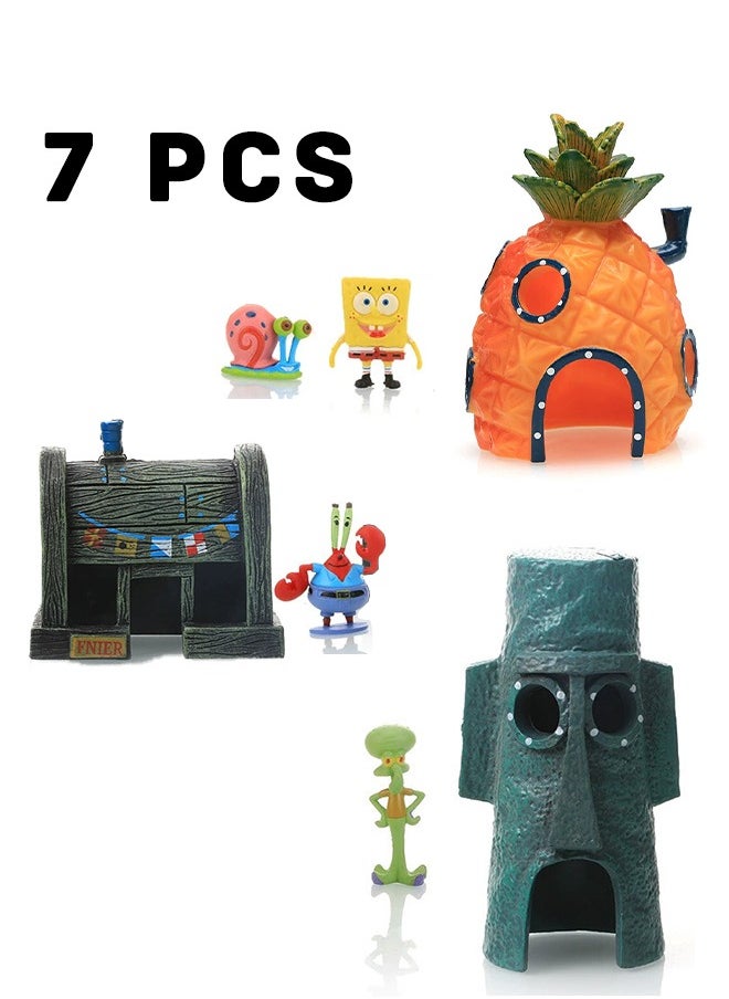 Realfrog 7PCS SpongeBob Squarepant Pineapple House, Fish Tank Decoration Aquarium Ornament Bridge Landscape Decorative, Cartoon House Home, Pineapple, Stone Statue and Burger  - Image 1