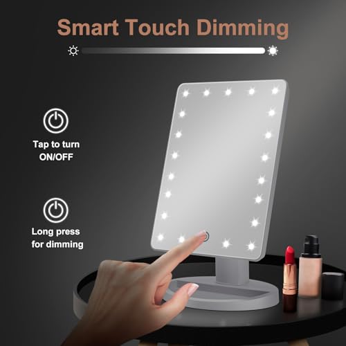 COSMIRROR Lighted Makeup Vanity Mirror with 10X Magnifying Mirror, 21 LED Lighted Mirror with Touch Sensor Dimming, 180°Adjustable Rotation, Dual Power Supply, Portable Cosmetic Mirror (White) - Image 3