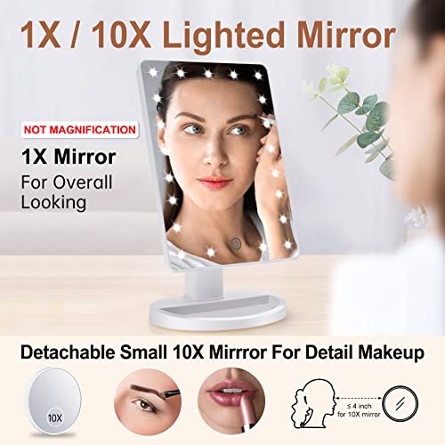 COSMIRROR Lighted Makeup Vanity Mirror with 10X Magnifying Mirror, 21 LED Lighted Mirror with Touch Sensor Dimming, 180°Adjustable Rotation, Dual Power Supply, Portable Cosmetic Mirror (White) - Image 2