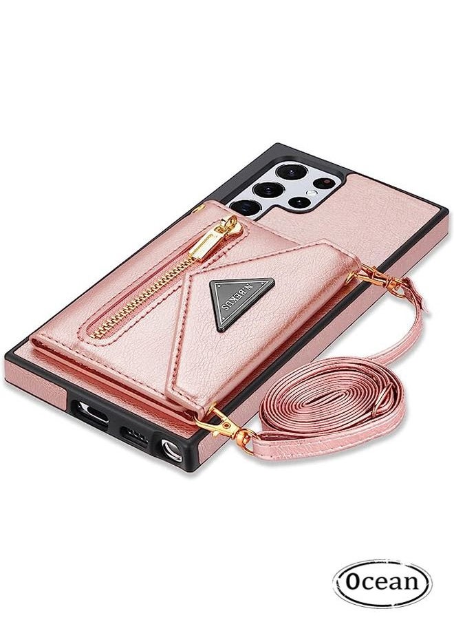 Ocean Galaxy S22 Ultra 5G Crossbody Wallet Case, PU Leather Zipper Purse with Card Holder And Kickstand For Women Pink  - Image 1