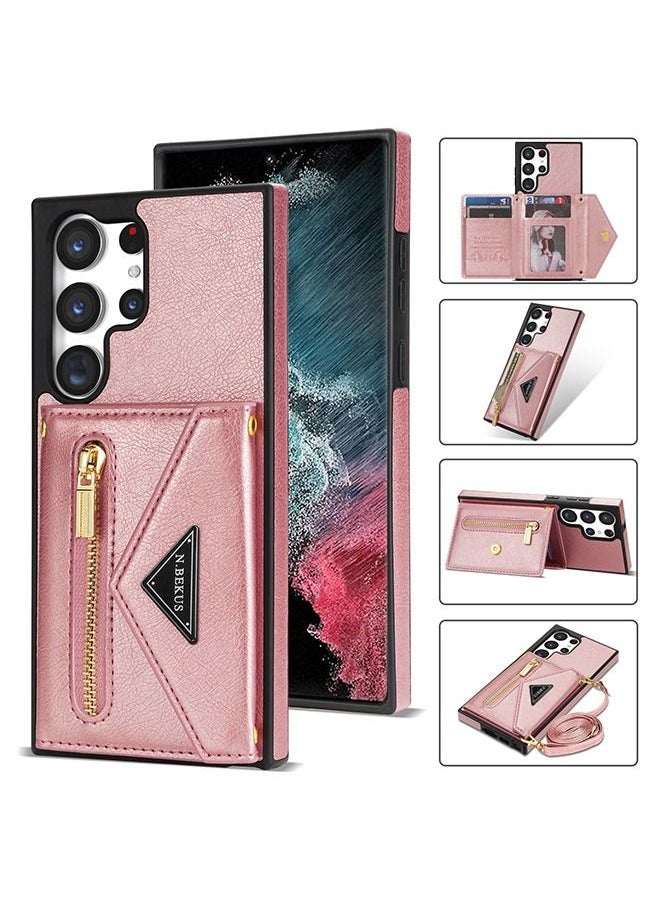 Ocean Galaxy S22 Ultra 5G Crossbody Wallet Case, PU Leather Zipper Purse with Card Holder And Kickstand For Women Pink  - Image 2
