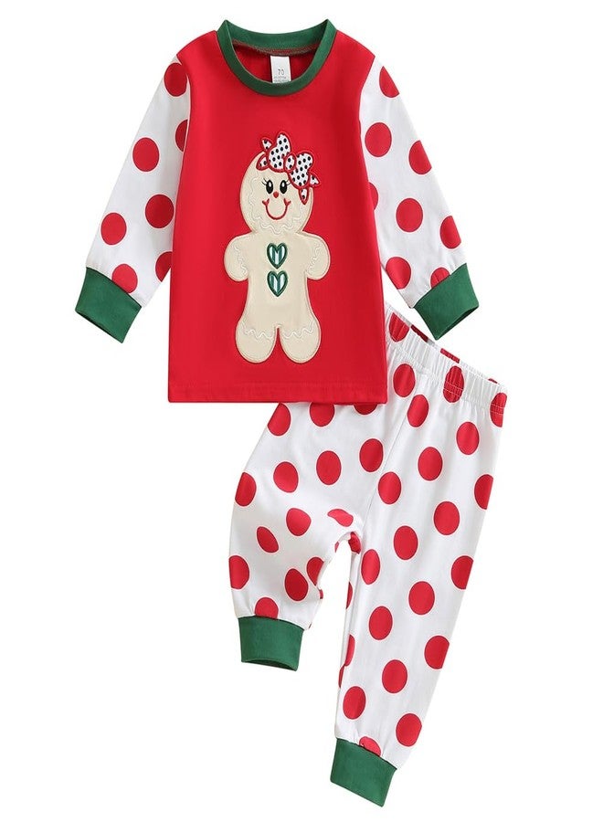 Pudcoco Kids Toddler Baby Boys Girls Christmas Pajamas Outfit Gingerbread Man Top and Polka Dot/Stripe Pants Set (Red Girl's, 3-4 Years) - Image 1