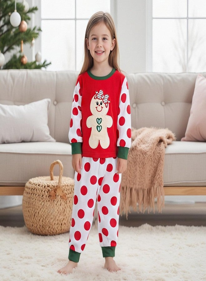 Pudcoco Kids Toddler Baby Boys Girls Christmas Pajamas Outfit Gingerbread Man Top and Polka Dot/Stripe Pants Set (Red Girl's, 3-4 Years) - Image 2