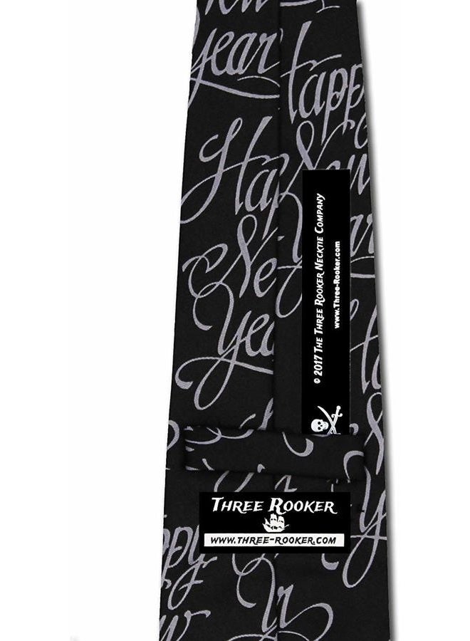 Three Rooker Happy New Year Tie Black formal Necktie - Image 4