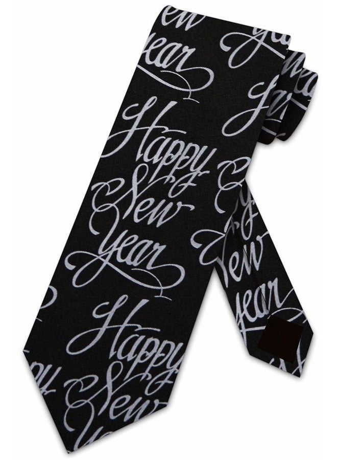 Three Rooker Happy New Year Tie Black formal Necktie - Image 1