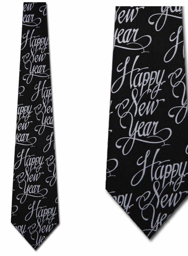Three Rooker Happy New Year Tie Black formal Necktie - Image 2