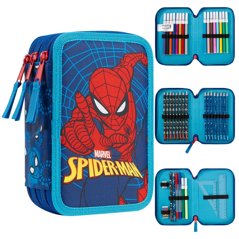 Marvel Pencil Case with Stationery Included School Supplies Filled Large Pencil Case Multiple Compartments Colouring Pencils Pens Boys Stationery Set Gifts for Boys Spiderman Triple Zip - Image 2