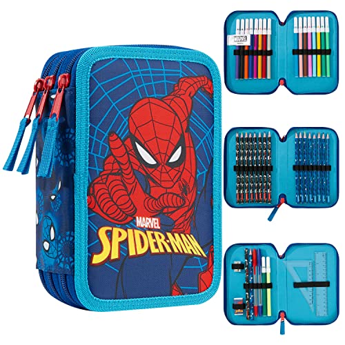 Marvel Pencil Case with Stationery Included School Supplies Filled Large Pencil Case Multiple Compartments Colouring Pencils Pens Boys Stationery Set Gifts for Boys Spiderman Triple Zip - Image 1