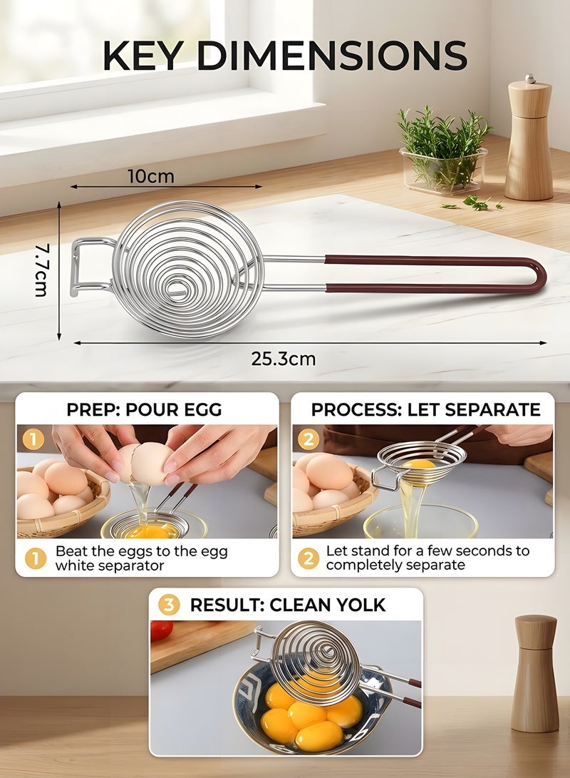 Beauenty Egg Separator, Egg Separator, Stainless Steel Egg Separator Made of Stainless Steel, Egg White Separator with Handles, Egg Yolk Separator, Divider Filter, Easy Storage for Kitchen, Baking Tool (brown) - Image 2