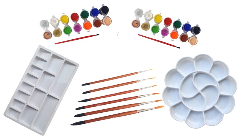 Artonezt 1 Rectangle Shape and 1 Small Flower Shape Coloring Palette for Artist Kids + Round Paint Brush (Set of 6 Brushes) + 2 Packs of Tempera Colors - Image 1