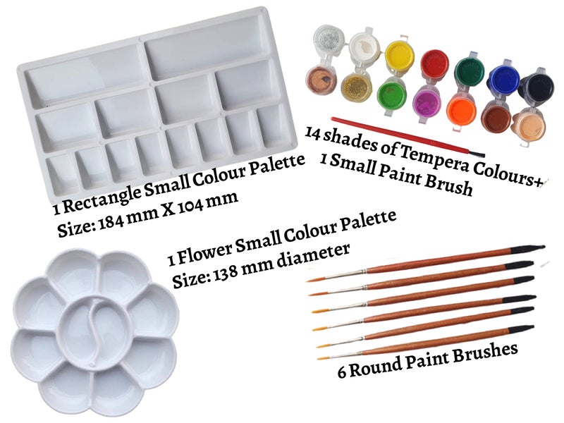 Artonezt 1 Rectangle Shape and 1 Small Flower Shape Coloring Palette for Artist Kids + Round Paint Brush (Set of 6 Brushes) + 2 Packs of Tempera Colors - Image 2