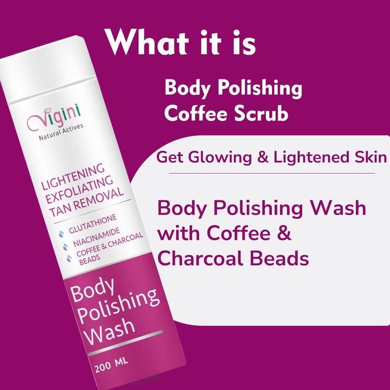 Vigini فغيني مقشر للبقع الداكنة للبشرة الباهتة إزالة تان غلوتاثيون مقشر قهوة غسول الجسم وكريم مرطب لتفتيح البشرة بفيتامين C 1% للرجال والنساء 300 مل - Image 2