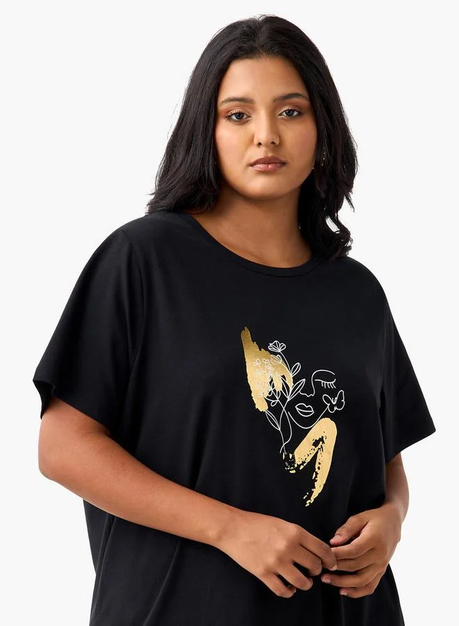 Ulla Popken Plus Size Ulla Popken Graphic Print T-shirt with Short Sleeves
