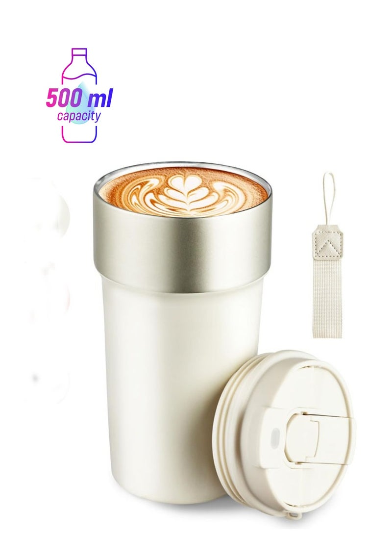 Hihonor Travel Coffee Mug Tumbler with Lid and Straw, Insulated Leak Proof with Flip Lid, Stainless Steel Vacuum Cup for Hot and Cold Drinks, 500 ML, Cream White - Image 1