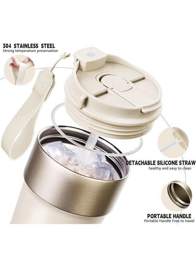 Hihonor Travel Coffee Mug Tumbler with Lid and Straw, Insulated Leak Proof with Flip Lid, Stainless Steel Vacuum Cup for Hot and Cold Drinks, 500 ML, Cream White - Image 3